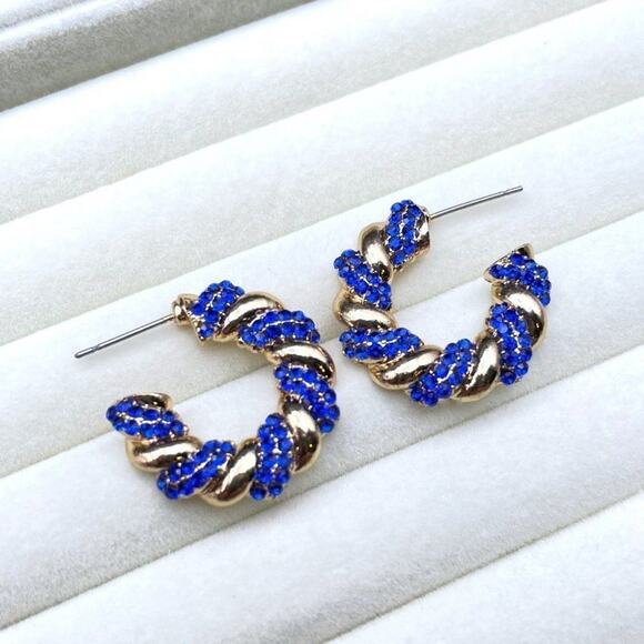 Yellow Gold with Blue Sapphire Crystal Twisted Rope Hoop Post Back Earrings - Picture 5 of 6